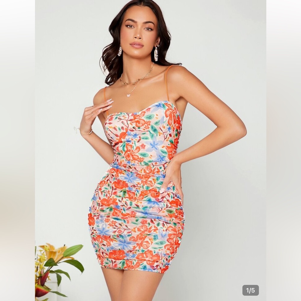 NWT Floral Print Ruched Mesh Cami Bodycon Mini Dress